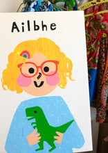 Load image into Gallery viewer, Dino Girl Portrait Print- click to customise!