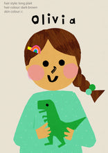 Load image into Gallery viewer, Dino Girl Portrait Print- click to customise!
