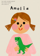 Load image into Gallery viewer, Dino Girl Portrait Print- click to customise!
