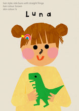 Load image into Gallery viewer, Dino Girl Portrait Print- click to customise!