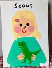 Load image into Gallery viewer, Dino Girl Portrait Print- click to customise!