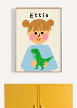 Load image into Gallery viewer, Dino Girl Portrait Print- click to customise!