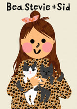 Load image into Gallery viewer, Cat Girl Portrait Print with TWO cats- click to customise!