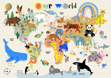 Load image into Gallery viewer, World Map Print of creatures GREAT & small
