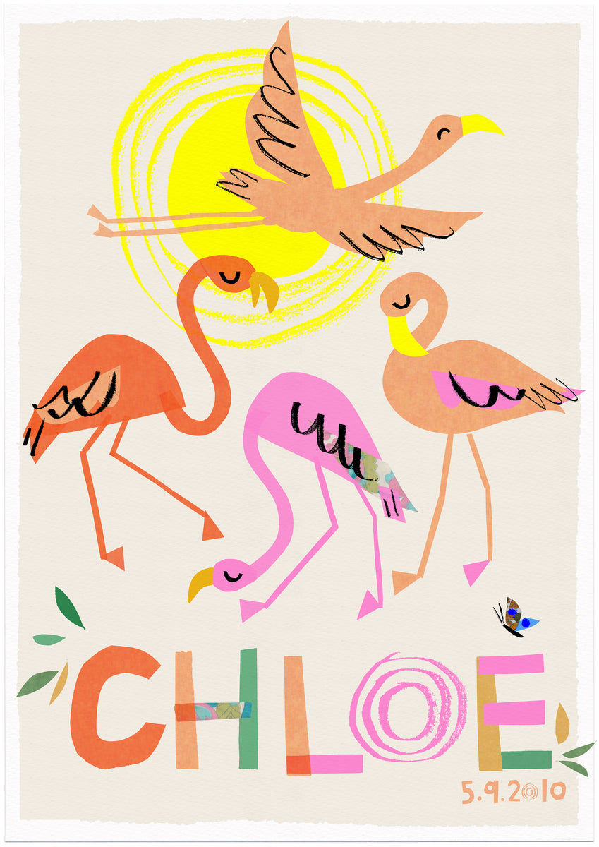 Flamingo with place for baby name poster print Vector Image