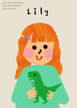 Load image into Gallery viewer, Dino Girl Portrait Print- click to customise!
