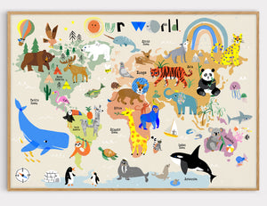 World Map Print of creatures GREAT & small