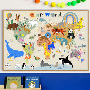 World Map Print of creatures GREAT & small