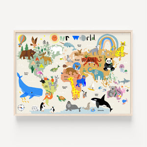 World Map Print of creatures GREAT & small