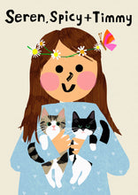 Load image into Gallery viewer, Cat Girl Portrait Print with TWO cats- click to customise!
