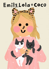 Load image into Gallery viewer, Cat Girl Portrait Print with TWO cats- click to customise!
