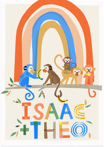 Rainbow with Monkeys Siblings Personalised Name Print