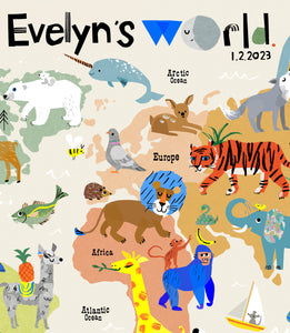Personalised World Map Print of creatures GREAT & small
