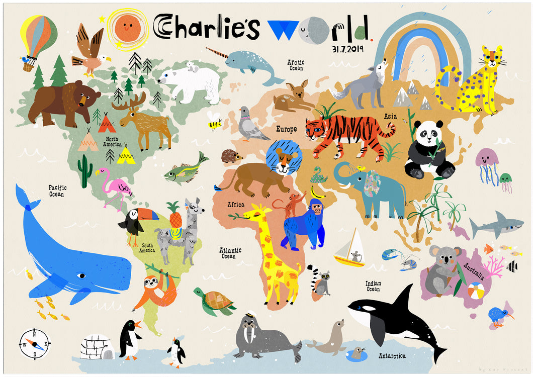 Personalised World Map Print of creatures GREAT & small